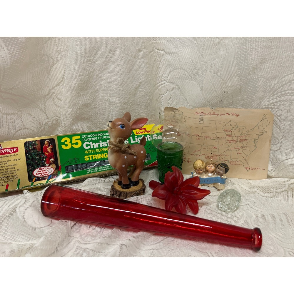 Vintage Christmas Decor Lot Joy Brite Lights Ruby Glass Vase Deer Angel Ephemera